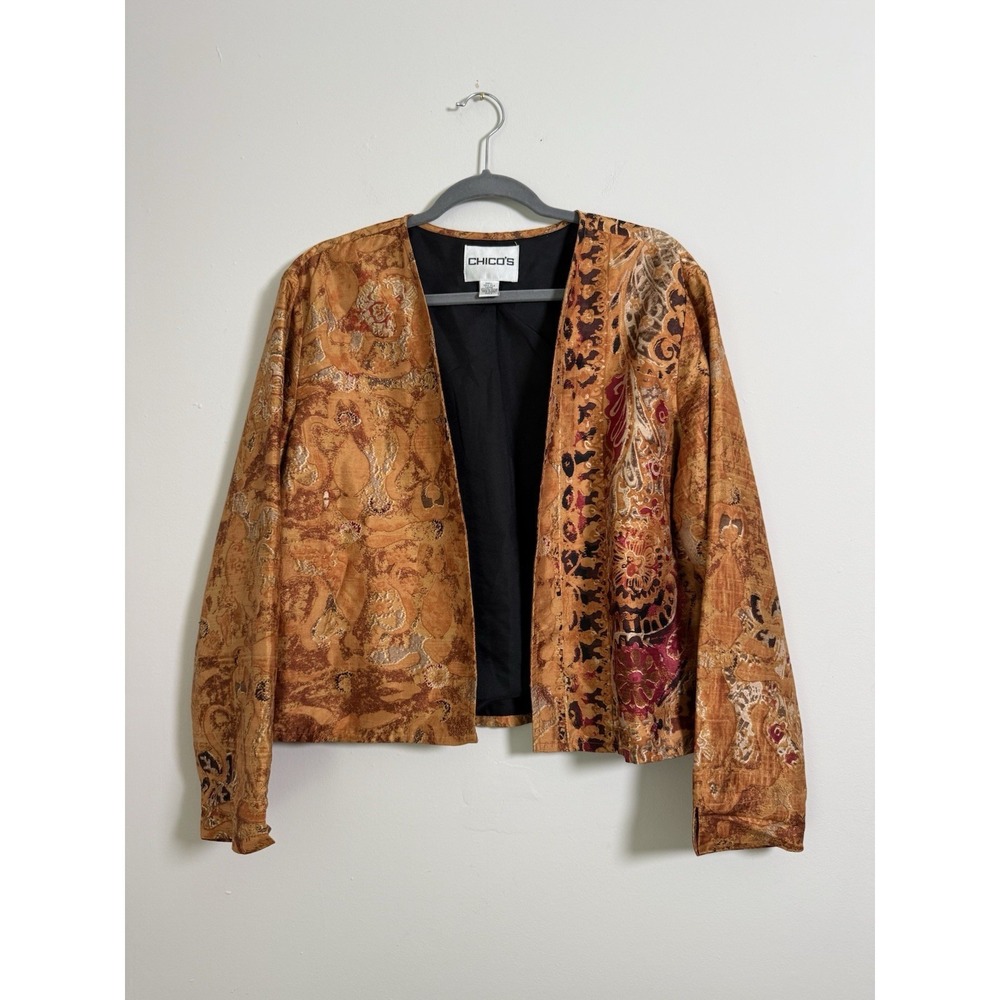 Chicos Artisan Gold Silk Business Professional Jacket Cover Up Old Money Sz 2